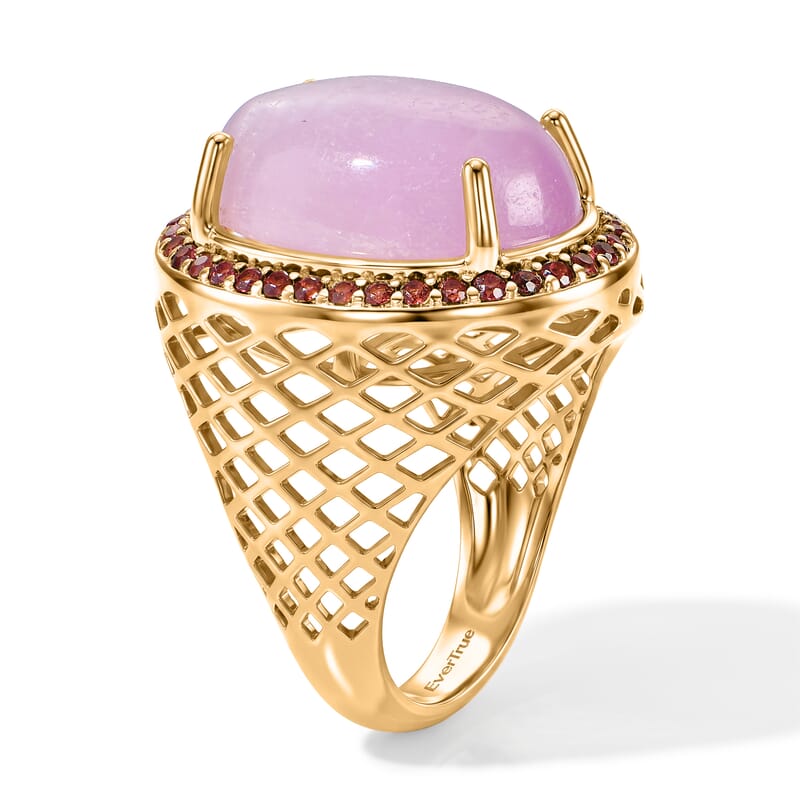 EverTrue Kunzite and Orissa Rose Garnet 15.75 ctw Royal Halo Ring in 18K YG Plated (Size 6.0)