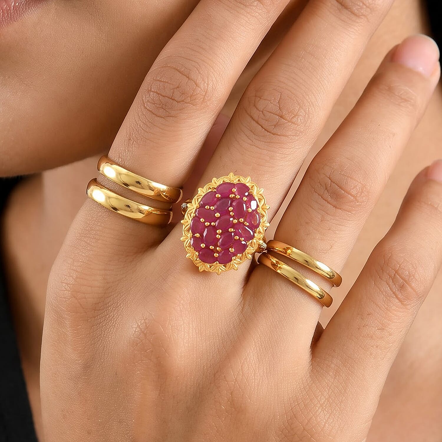 EverTrue Niassa Ruby (FF) 4.00 ctw Cluster Ring in 18K YG Plated and Platinum Bond (Size 5.0)