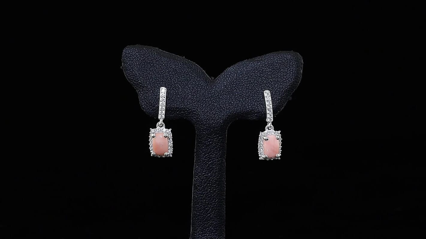 D''Joy Peach Opal, White Zircon Earrings in Rhodium Over Sterling Silver 1.20 ctw