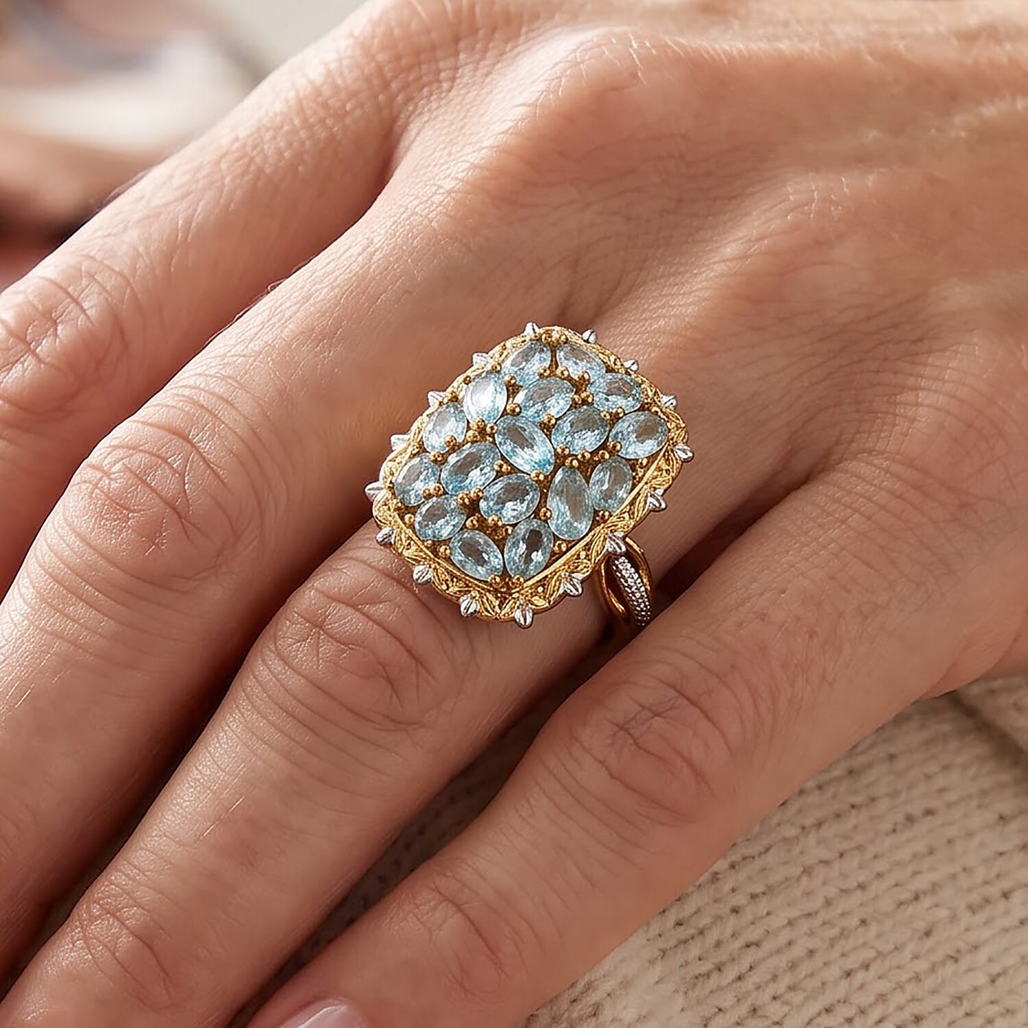 EverTrue Blue Apatite 3.30 ctw Cluster Ring in 18K YG Plated and Platinum Bond (Size 5.0)