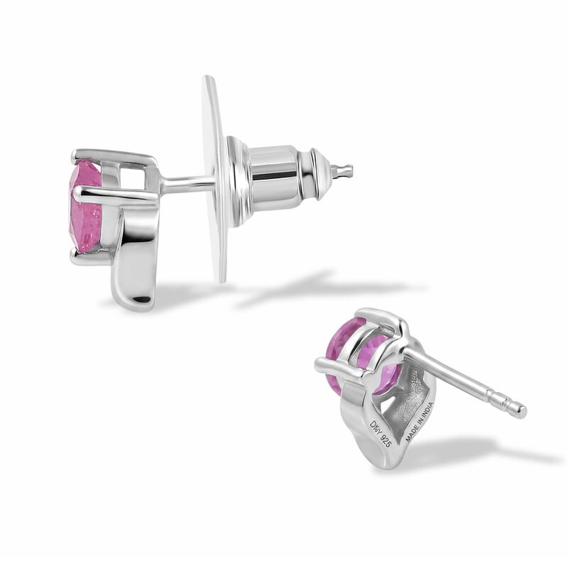 D'Joy Ilakaka Hot Pink Sapphire (FF) 1.60 ctw Earrings in Rhodium Over Sterling Silver