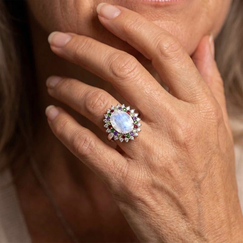 EverTrue Rainbow Moonstone and Multi Gemstone 3.30 ctw Aurora Bloom Ring in Platinum Bond (Size 5.0)