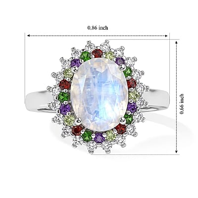 EverTrue Rainbow Moonstone and Multi Gemstone 3.30 ctw Ring in Platinum Bond (Size 5.0)