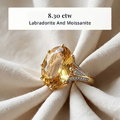 D'Joy Yellow Labradorite and Moissanite 8.30 ctw Dawn Solitaire Ring in 18K Vermeil Yellow Gold Over Sterling Silver (Size 6.0)