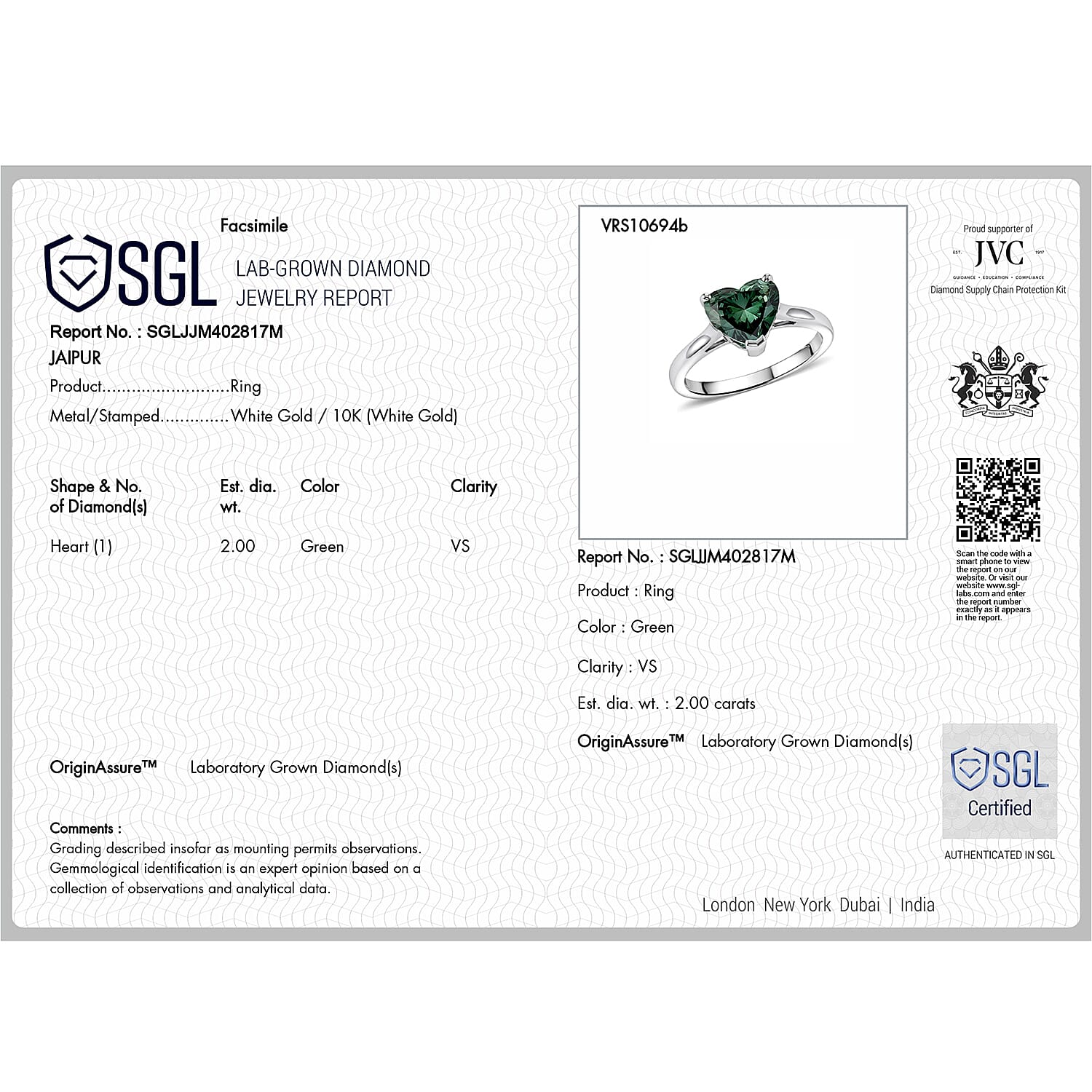 SGL Certified Luxuriant Lab Grown Green Diamond (IR) VS 2.00 ctw Ring in 10K White Gold (Size 6.0)
