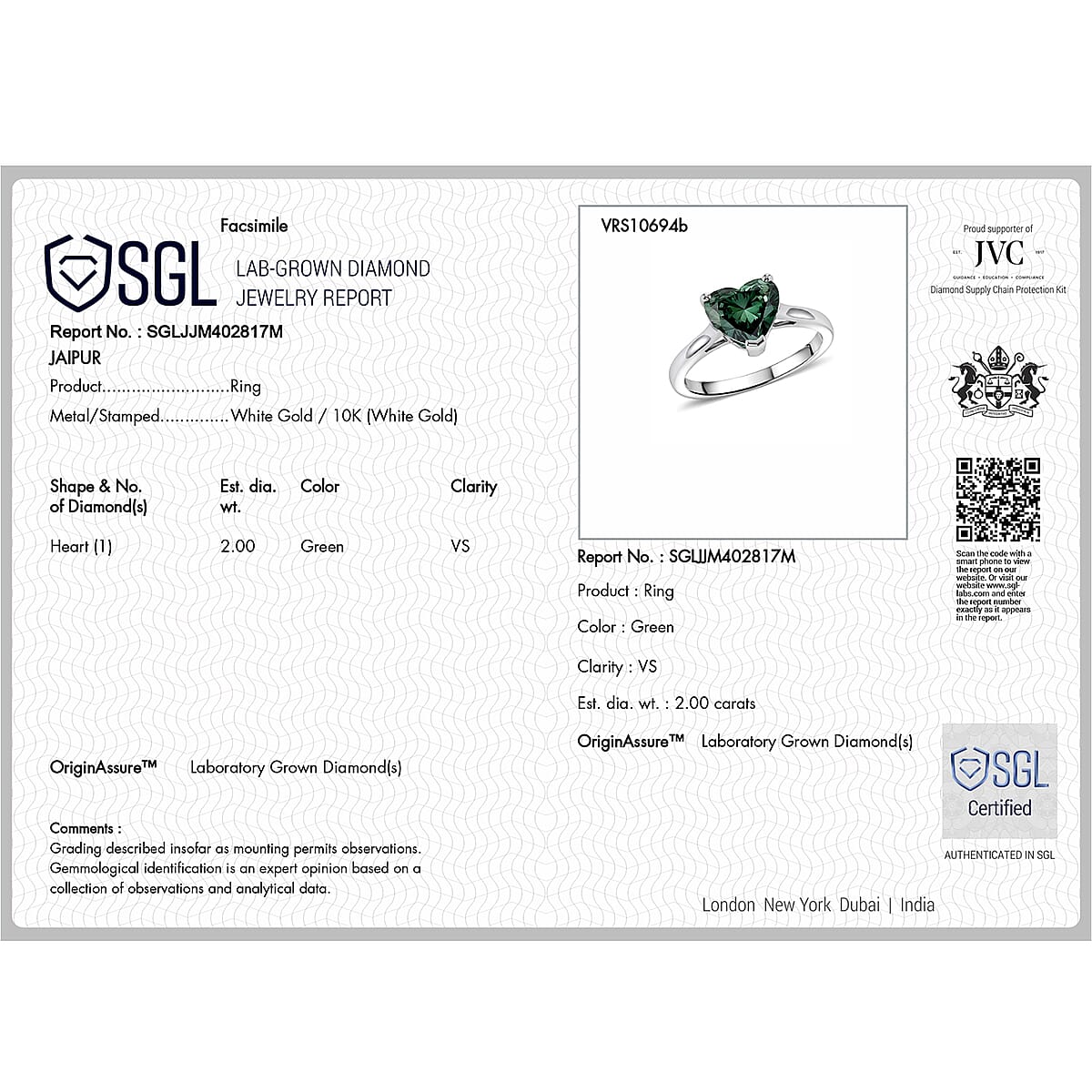 SGL Certified 10K White Gold Luxuriant Lab Grown Green Diamond (IR) (VS) Ring (Size 6.0) 2.00 ctw image number 6