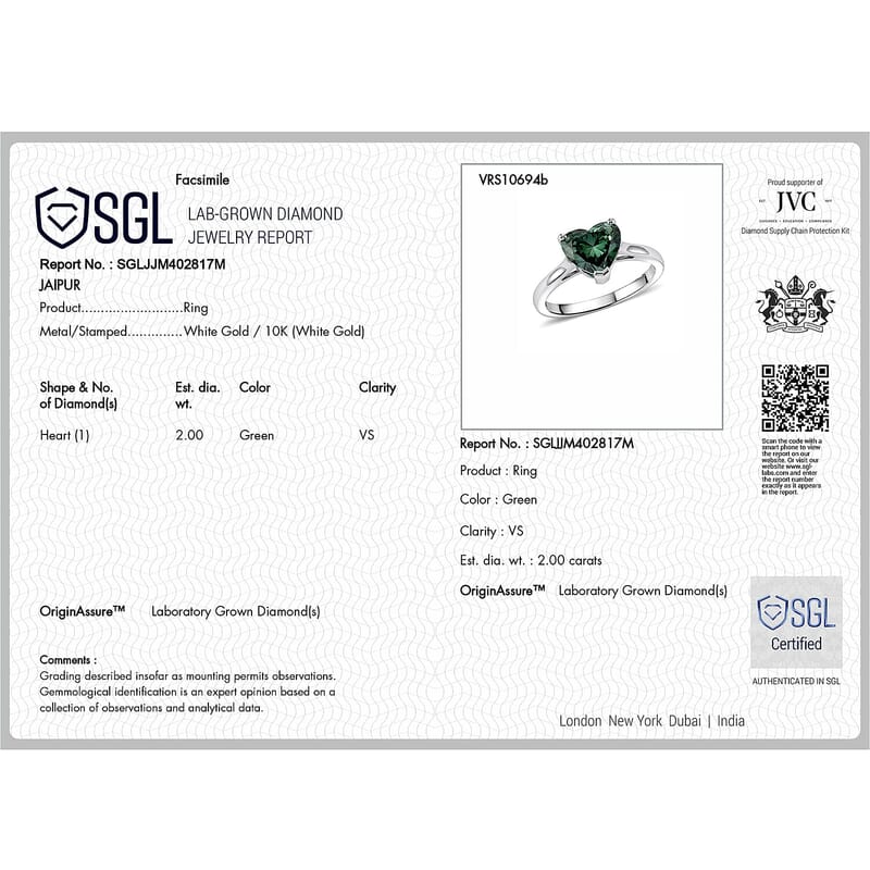 SGL Certified Luxuriant Lab Grown Green Diamond (IR) VS 2.00 ctw Ring in 10K White Gold (Size 6.0)