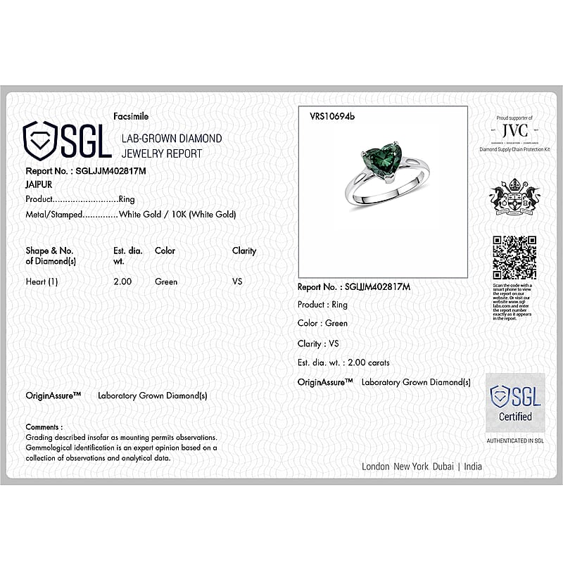 SGL Certified Luxuriant Lab Grown Green Diamond (IR) VS 2.00 ctw Ring in 10K White Gold (Size 7.0)