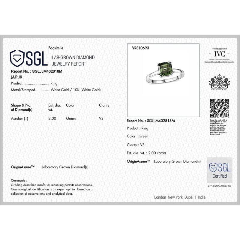 SGL Certified Luxuriant Lab Grown Green Diamond (IR) VS 2.00 ctw Ring in 10K White Gold (Size 5.0)