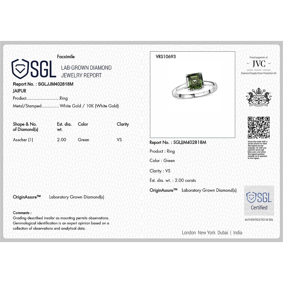 SGL Certified Luxuriant Lab Grown Green Diamond (IR) VS 2.00 ctw Ring in 10K White Gold (Size 9.0) image number 6