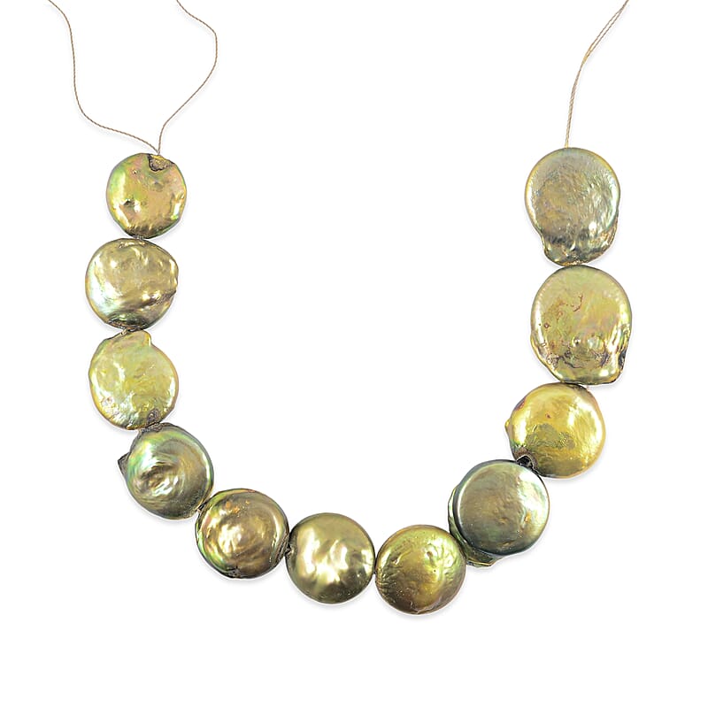 GCS Large Olive Coin Dark Green Dyed Pearl Beaded Strand 16 Inches