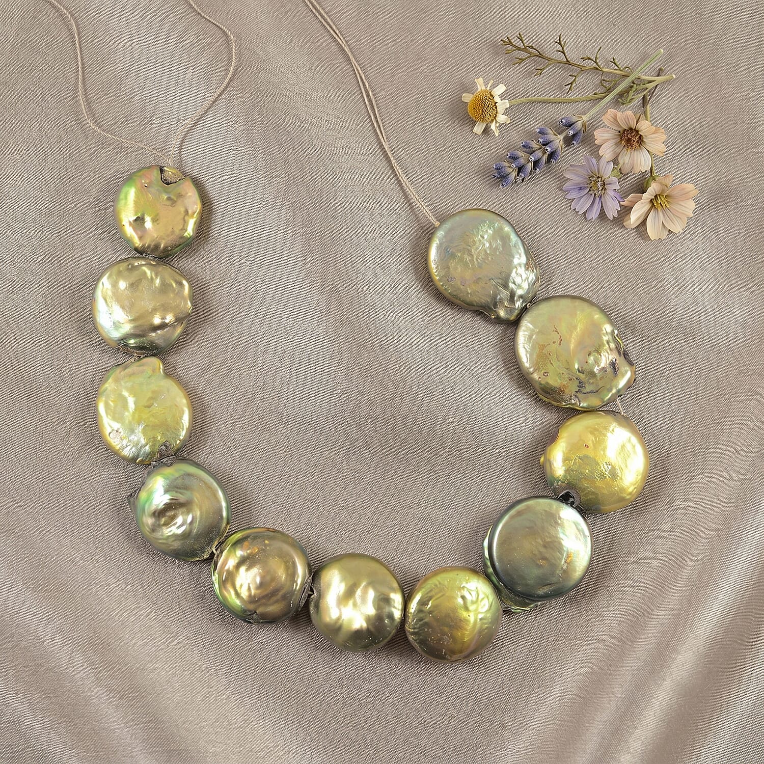 Large Olive Coin Dark Green Dyed Pearl Beaded Strand Necklace 16 Inches