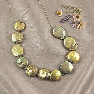 Large Olive Coin Dark Green Dyed Pearl Beaded Strand Necklace 16 Inches