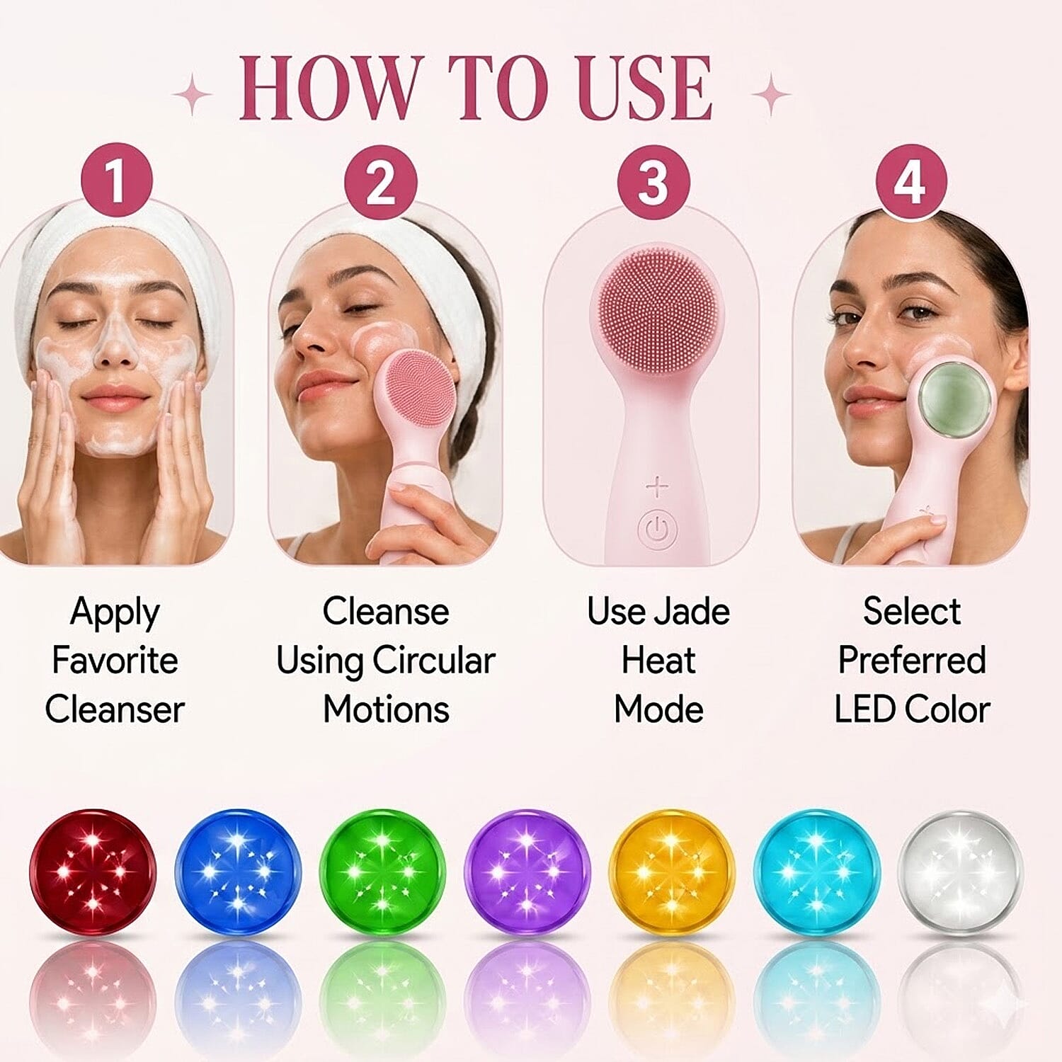 Pursonic Pink 3-in-1 Facial Cleansing Device with 7 Color LED
