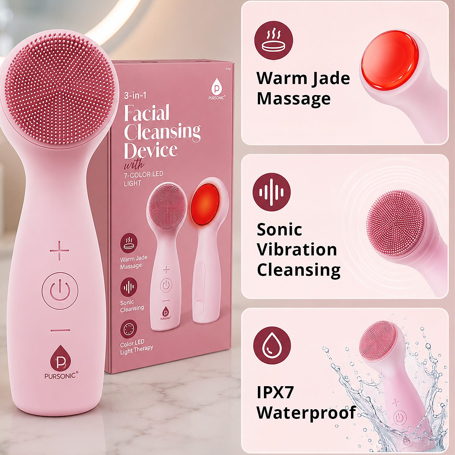 Pursonic Pink 3-in-1 Facial Cleansing Device with 7 Color LED