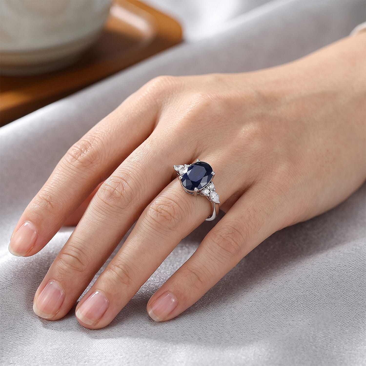 D'Joy Madagascar Blue Sapphire (DF) and Moissanite 2.40 ctw Ring in Rhodium Over Sterling Silver (Size 6.0)