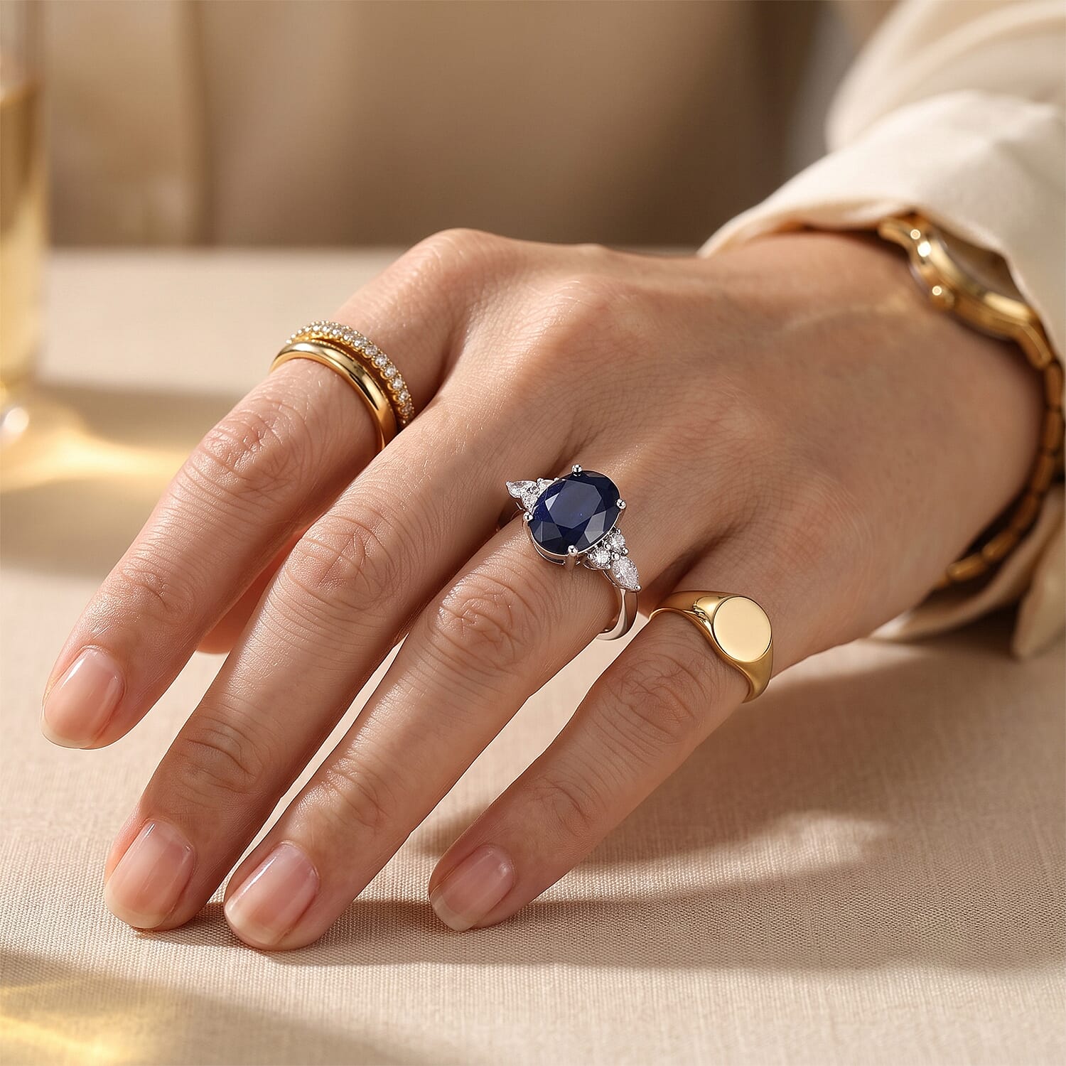 D'Joy Madagascar Blue Sapphire (DF) and Moissanite 2.40 ctw Ring in Rhodium Over Sterling Silver (Size 6.0)
