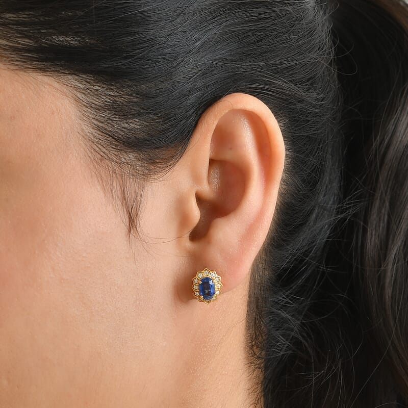 EverTrue Kashmir Kyanite and Moissanite 2.30 ctw Solitaire Stud Earrings in 18K YG Plated
