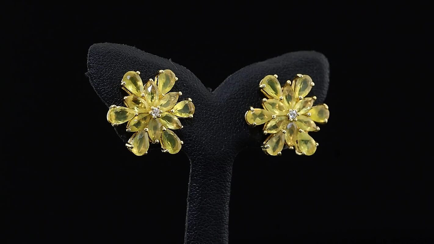 EverTrue Canary Opal, White Zircon Earrings in 18K YG Plated 2.25 ctw