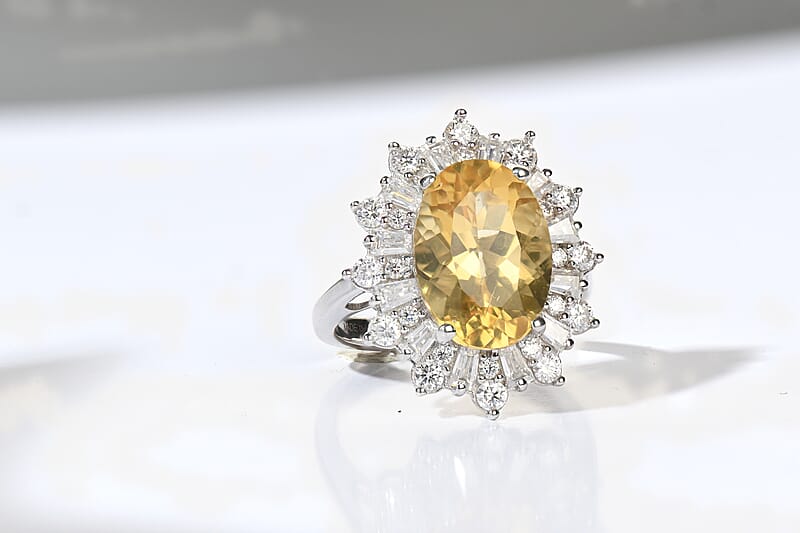 D'Joy Yellow Labradorite and Moissanite 6.60 ctw Dawn Empress Ring in Rhodium Over Sterling Silver (Size 6.0)