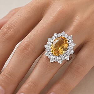 D'Joy Yellow Labradorite and Moissanite 6.60 ctw Dawn Empress Ring in Rhodium Over Sterling Silver (Size 7.0)
