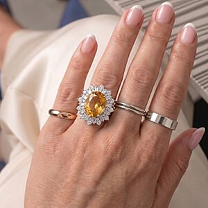 D'Joy Yellow Labradorite and Moissanite 6.60 ctw Dawn Empress Ring in Rhodium Over Sterling Silver (Size 7.0)