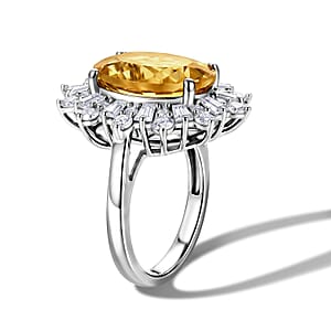 D'Joy Yellow Labradorite and Moissanite 6.60 ctw Dawn Empress Ring in Rhodium Over Sterling Silver (Size 7.0)