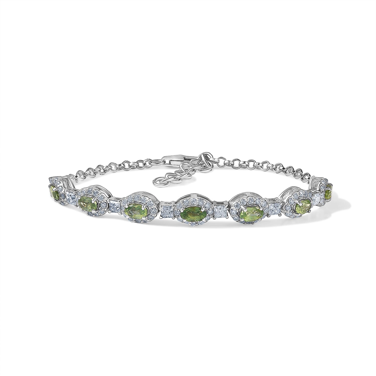 Certified & Appraised D'Joy Premium Milanoa Green Sapphire and Moissanite 3.65 ctw Bracelet in Rhodium Over Sterling Silver (6.5In)