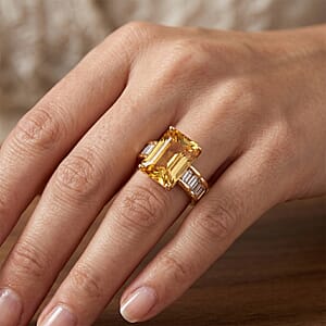 D'Joy Radiant Cut Yellow Labradorite, Moissanite Ring in 18K Vermeil YG Over Sterling Silver (Size 10.0) 7.50 ctw