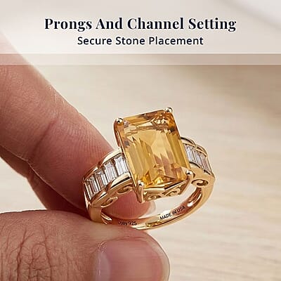 D'Joy Radiant Cut Yellow Labradorite, Moissanite Ring in 18K Vermeil YG Over Sterling Silver (Size 6.0) 7.50 ctw