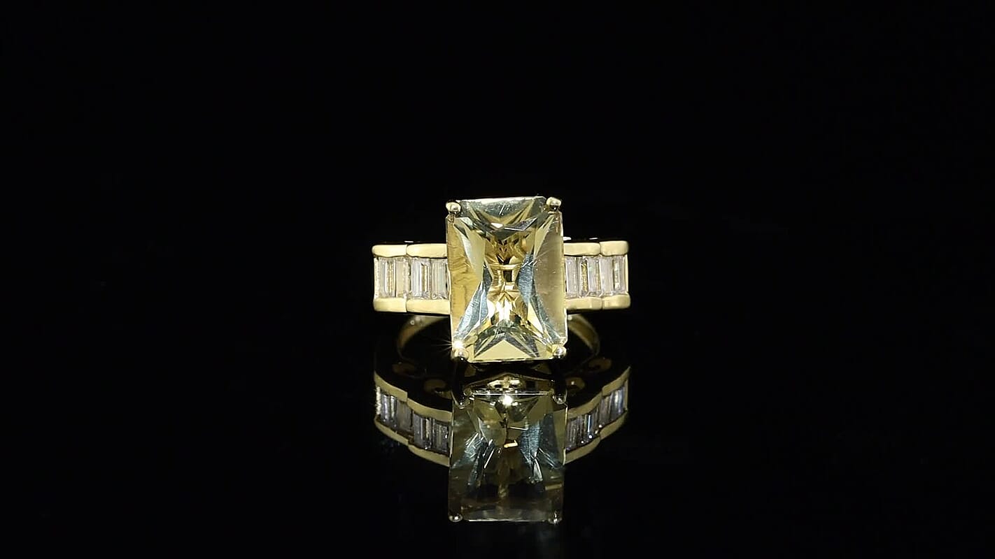 D'Joy Radiant Cut Yellow Labradorite, Moissanite Ring in 18K Vermeil YG Over Sterling Silver (Size 10.0) 7.50 ctw