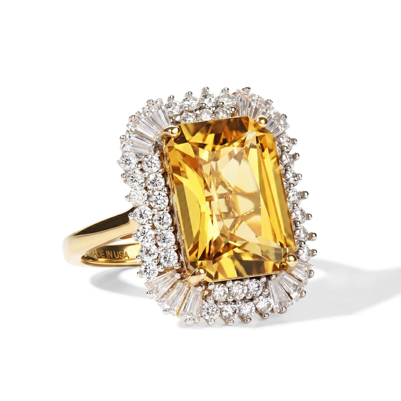 D'Joy Radiant Cut Yellow Labradorite and Moissanite 7.75 ctw Golden Dawn Halo Ring in 18K Vermeil Yellow Gold Over Sterling Silver (Size 6.0)