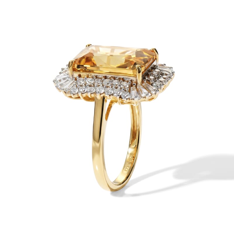 D'Joy Radiant Cut Yellow Labradorite and Moissanite 7.75 ctw Golden Dawn Halo Ring in 18K Vermeil Yellow Gold Over Sterling Silver (Size 6.0)