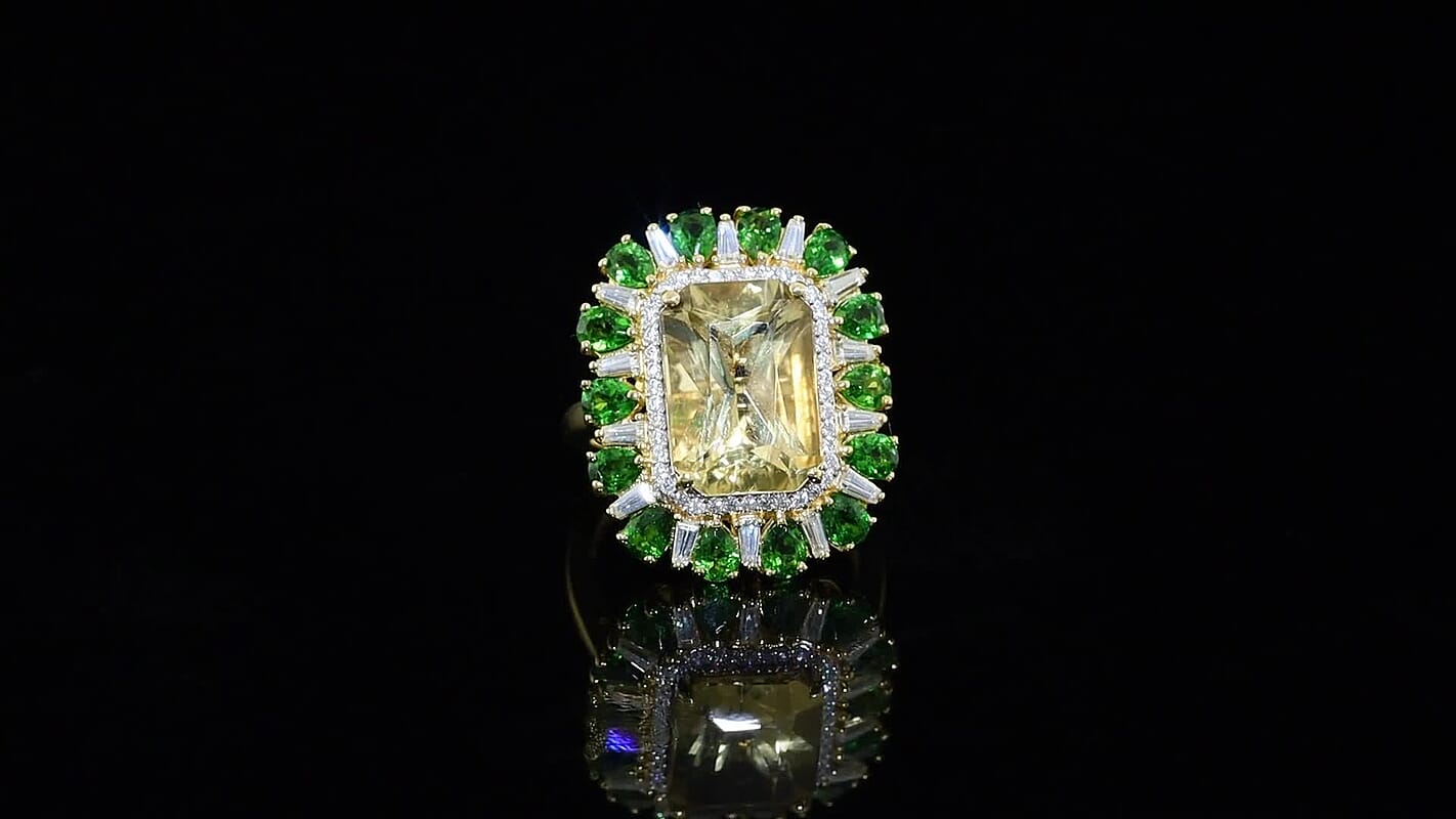 D'Joy Radiant Cut Yellow Labradorite, Moissanite Ring in 18K Vermeil YG Over Sterling Silver (Size 10.0) 7.75 ctw