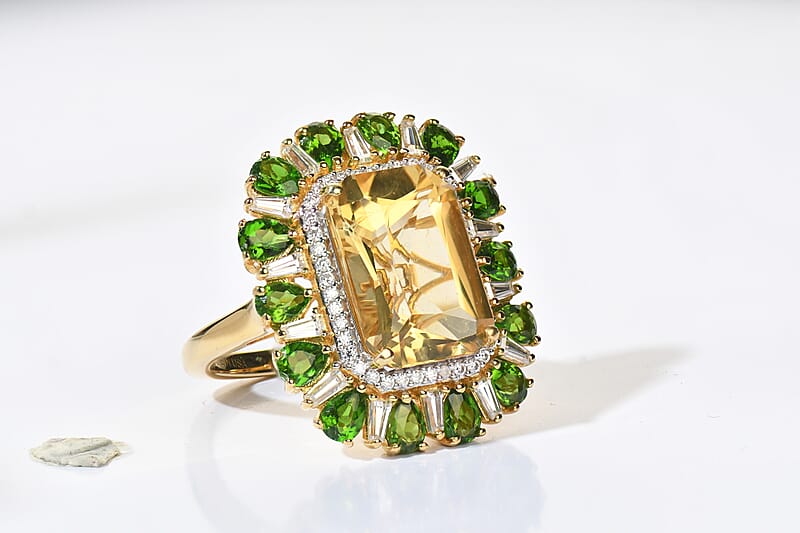 D'Joy Radiant Cut Yellow Labradorite, Multi Gemstone Ring in 18K Vermeil YG Over Sterling Silver (Size 6.0) 9.70 ctw
