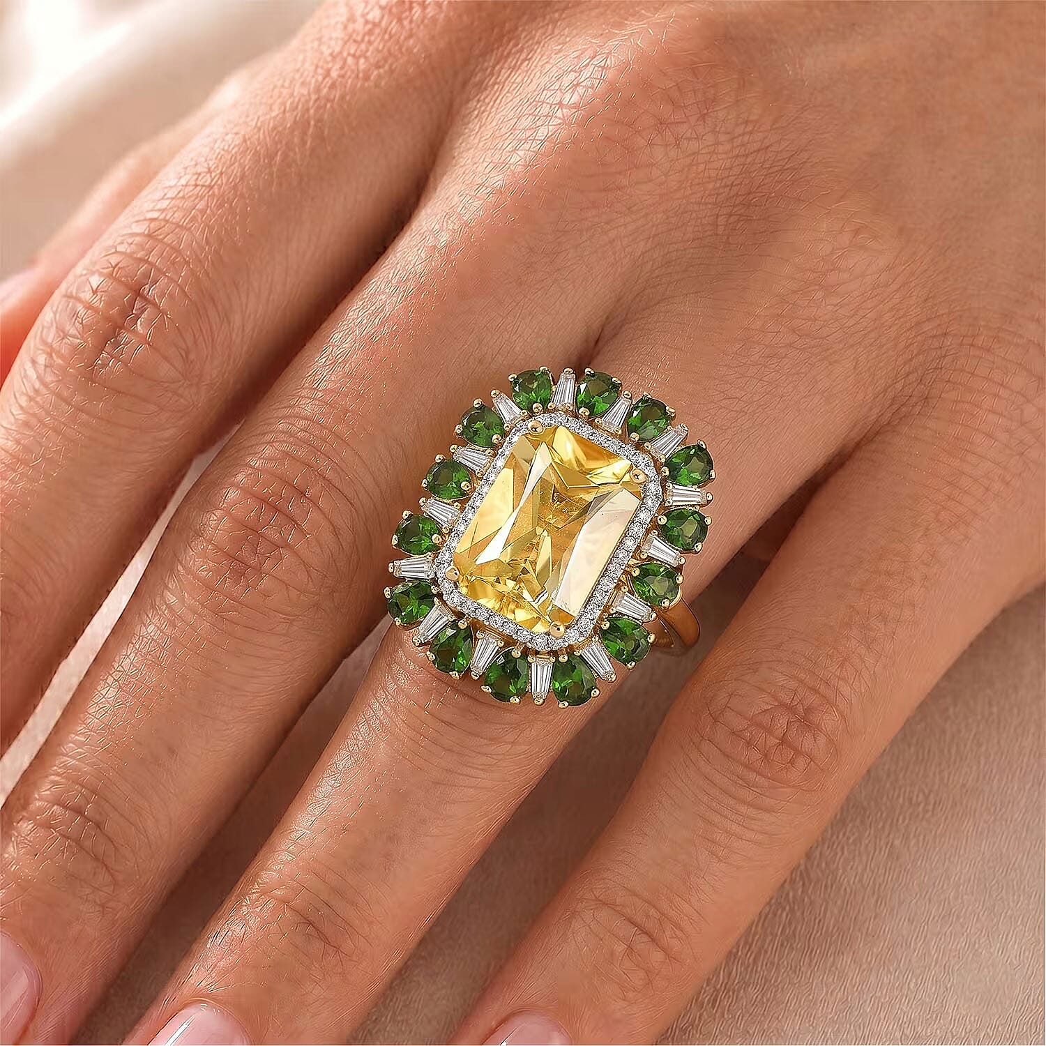 D'Joy Radiant Cut Yellow Labradorite, Multi Gemstone Ring in 18K Vermeil YG Over Sterling Silver (Size 6.0) 9.70 ctw