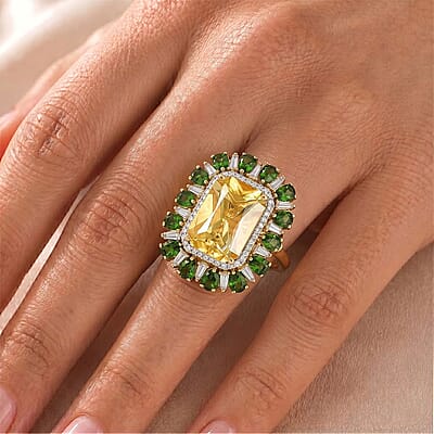 D'Joy Radiant Cut Yellow Labradorite, Multi Gemstone Ring in 18K Vermeil YG Over Sterling Silver (Size 6.0) 9.70 ctw