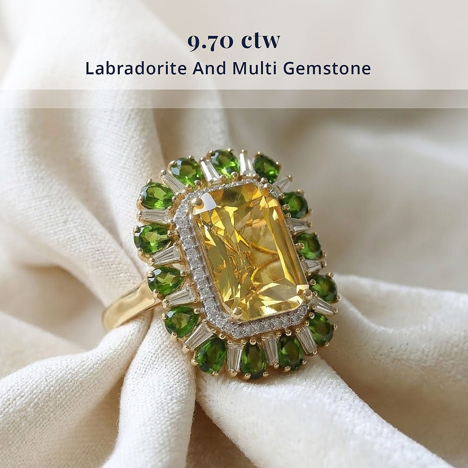 D'Joy Radiant Cut Yellow Labradorite, Multi Gemstone Ring in 18K Vermeil YG Over Sterling Silver (Size 6.0) 9.70 ctw