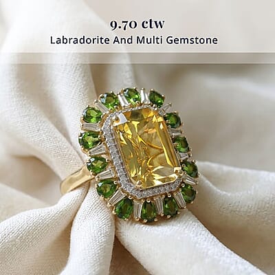 D'Joy Radiant Cut Yellow Labradorite, Multi Gemstone Ring in 18K Vermeil YG Over Sterling Silver (Size 6.0) 9.70 ctw