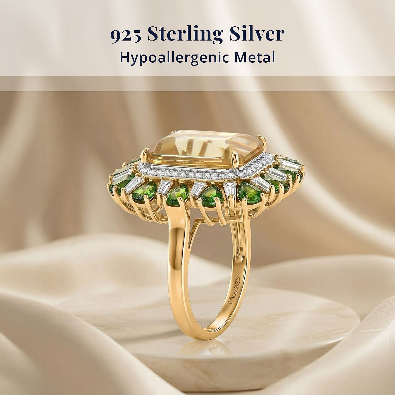 D'Joy Radiant Cut Yellow Labradorite, Multi Gemstone Ring in 18K Vermeil YG Over Sterling Silver (Size 6.0) 9.70 ctw