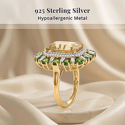 D'Joy Radiant Cut Yellow Labradorite, Multi Gemstone Ring in 18K Vermeil YG Over Sterling Silver (Size 6.0) 9.70 ctw