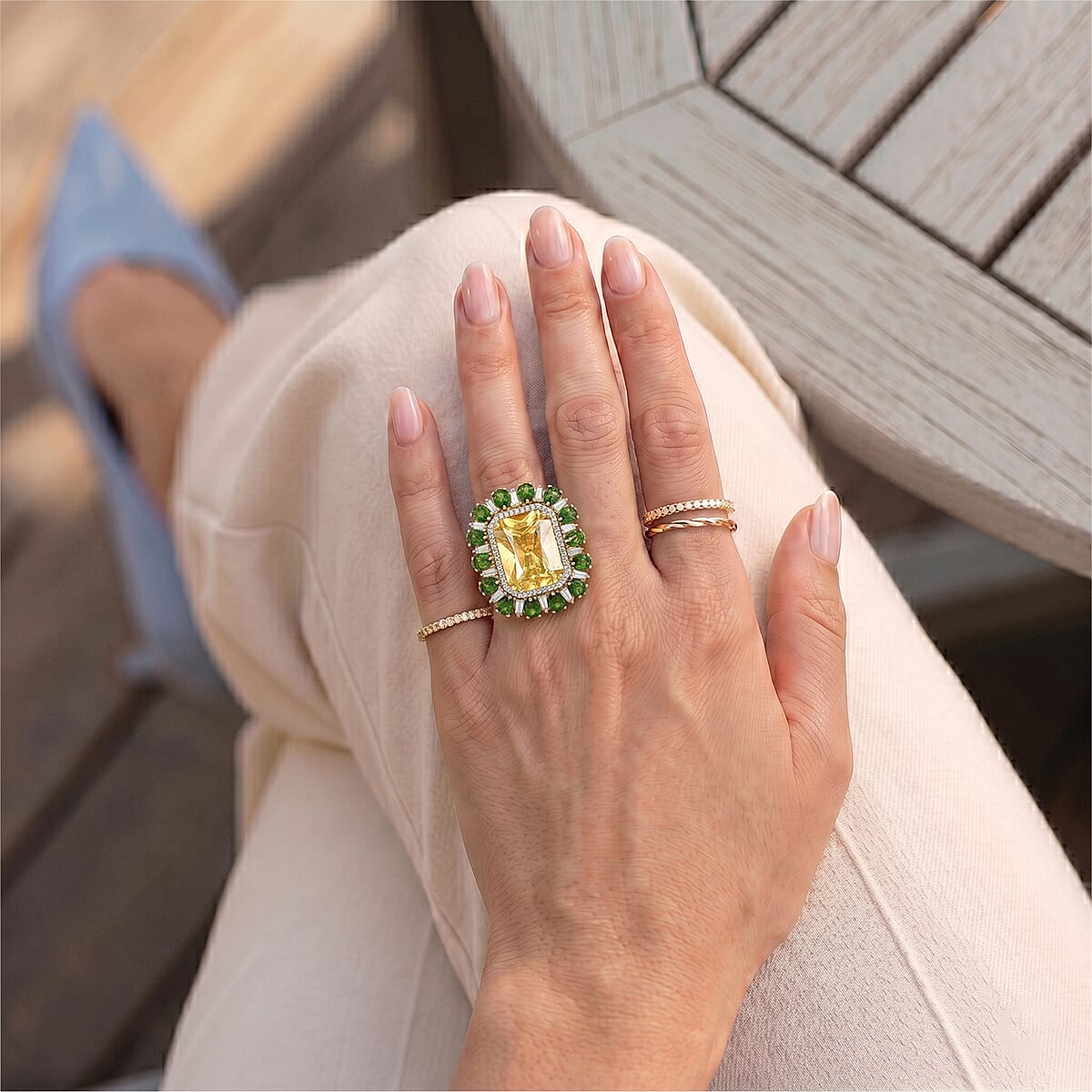 D'Joy Radiant Cut Yellow Labradorite and Multi Gemstone 9.70 ctw Golden Dawn Halo Ring in 18K Vermeil Yellow Gold Over Sterling Silver (Size 7.0) image number 2