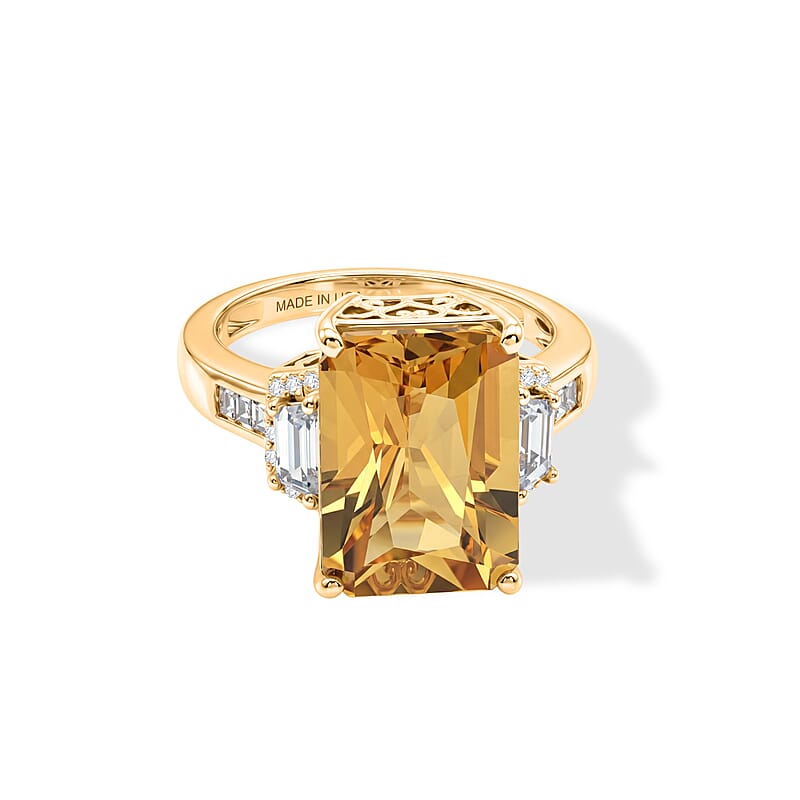 D'Joy Radiant Cut Yellow Labradorite and White Zircon 6.65 ctw Sunrise Octagon Ring in 18K Vermeil Yellow Gold Sterling Silver (Size 6.0)