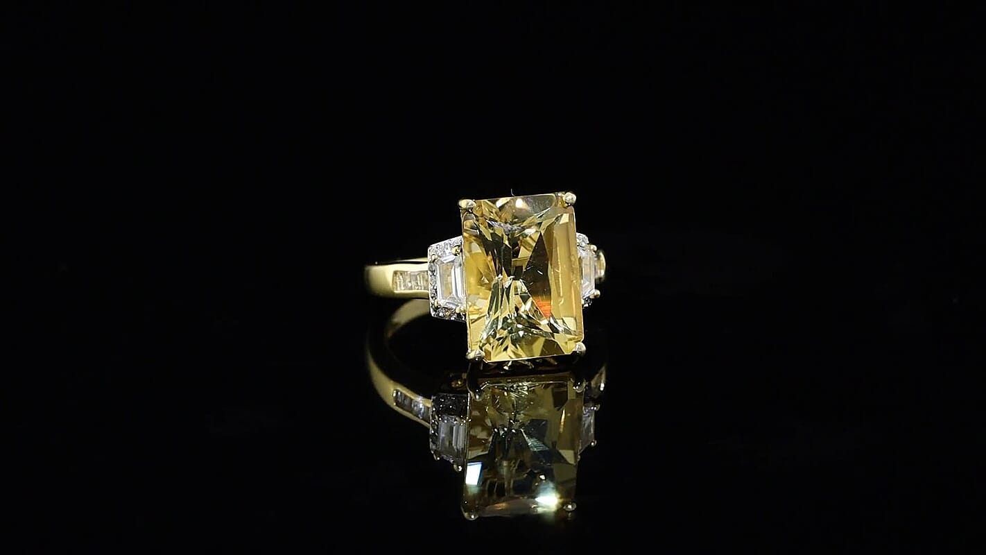 D'Joy Radiant Cut Yellow Labradorite, White Zircon Ring in 18K Vermeil YG Sterling Silver 6.65 ctw