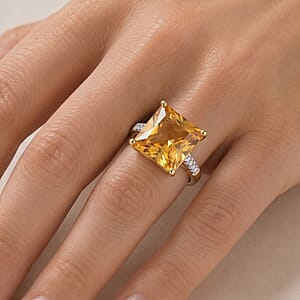 D'Joy Princess Cut Yellow Labradorite, Lab Grown Diamond (G-H, SI) Ring in 18K Vermeil YG Over Sterling Silver 7.30 ctw