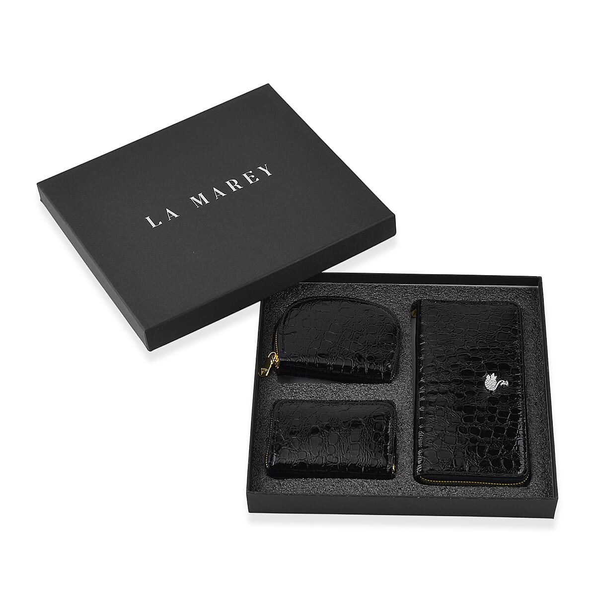 La Marey Black Crocodile Pattern Faux Leather 3pcs Wallet Gifts Set - Wallet, Card Bag and Curved Card Bag