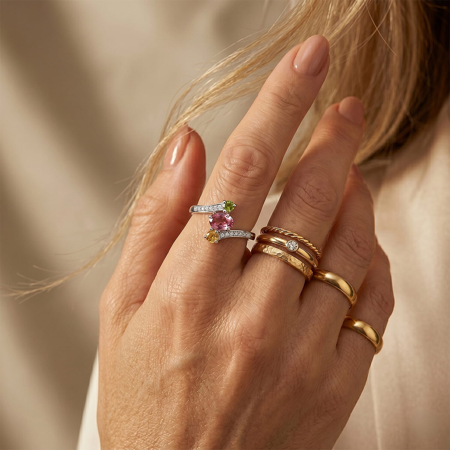 Multi Tourmaline and Simulated Diamond 3.10 ctw Ring in Silvertone (Adjustable)