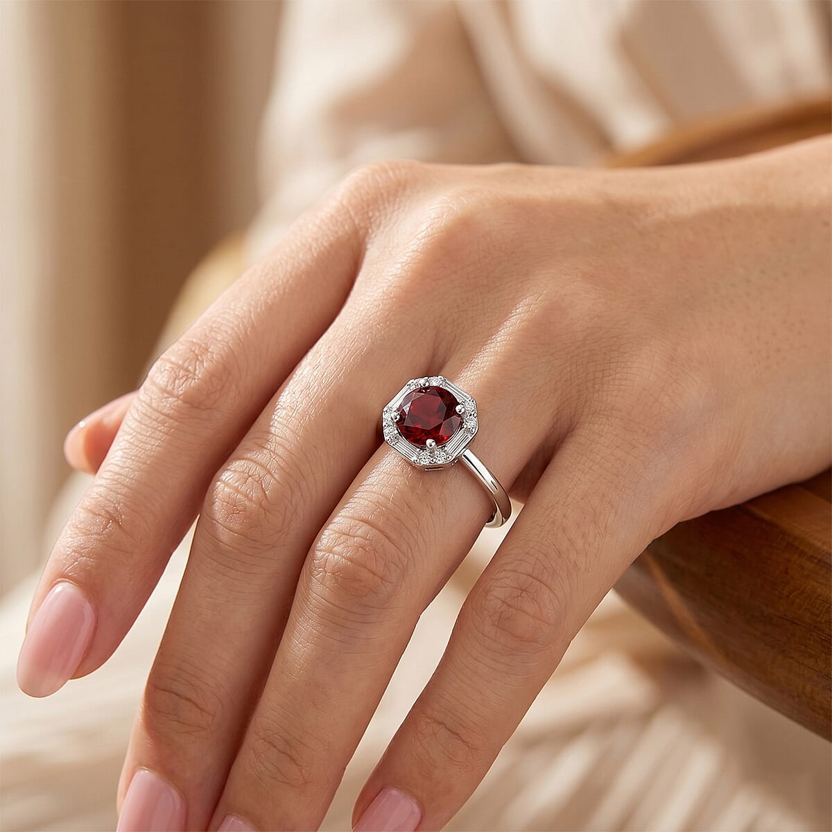 Mozambique Garnet and Simulated Diamond 3.00 ctw Ring in Silvertone (Adjustable) image number 1