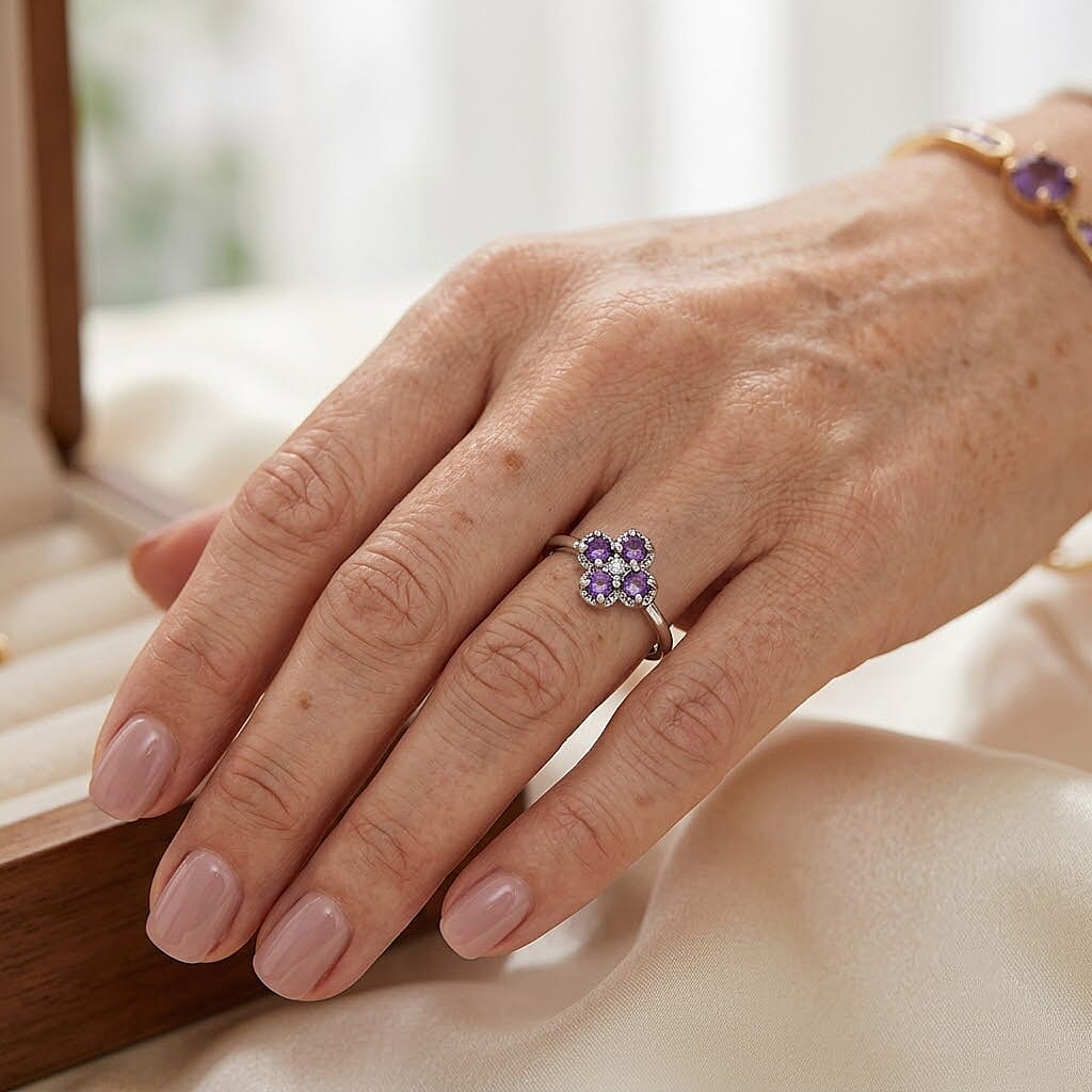 Amethyst and Simulated Diamond 2.01 ctw Ring in Silvertone (Adjustable)