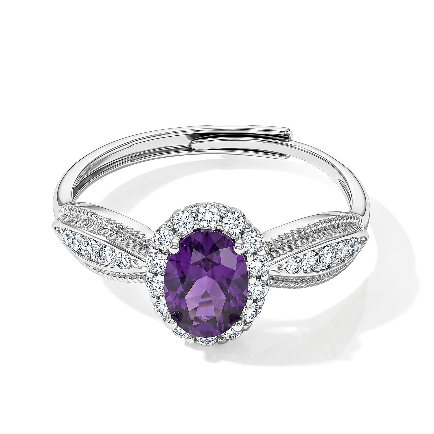 Amethyst and Simulated Diamond 5.00 ctw Ring in Silvertone (Adjustable)